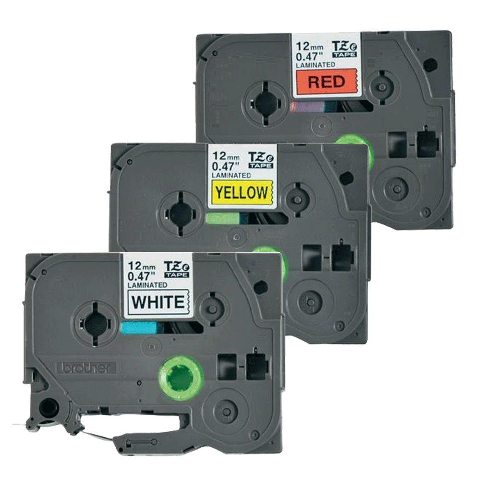 Cassettes à ruban pour étiqueteuse TZe-31M3 Brother originales – Noir sur rouge, noir sur blanc et noir sur jaune, 12 mm de large 2